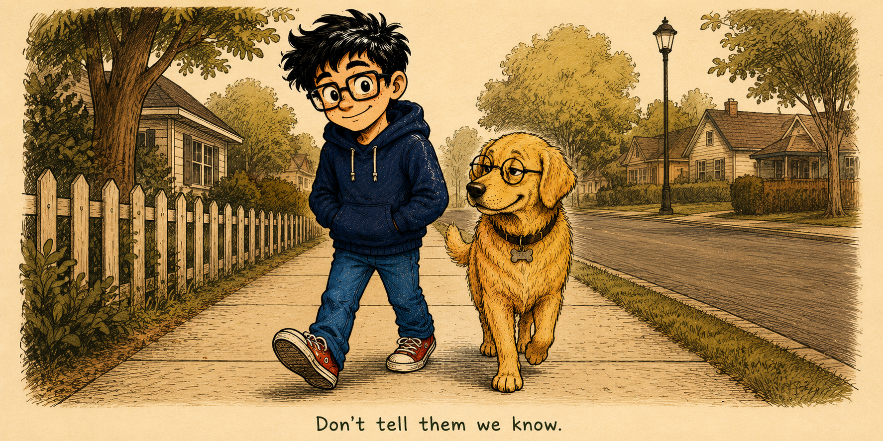 Artie and Dennis walking the sidewalk